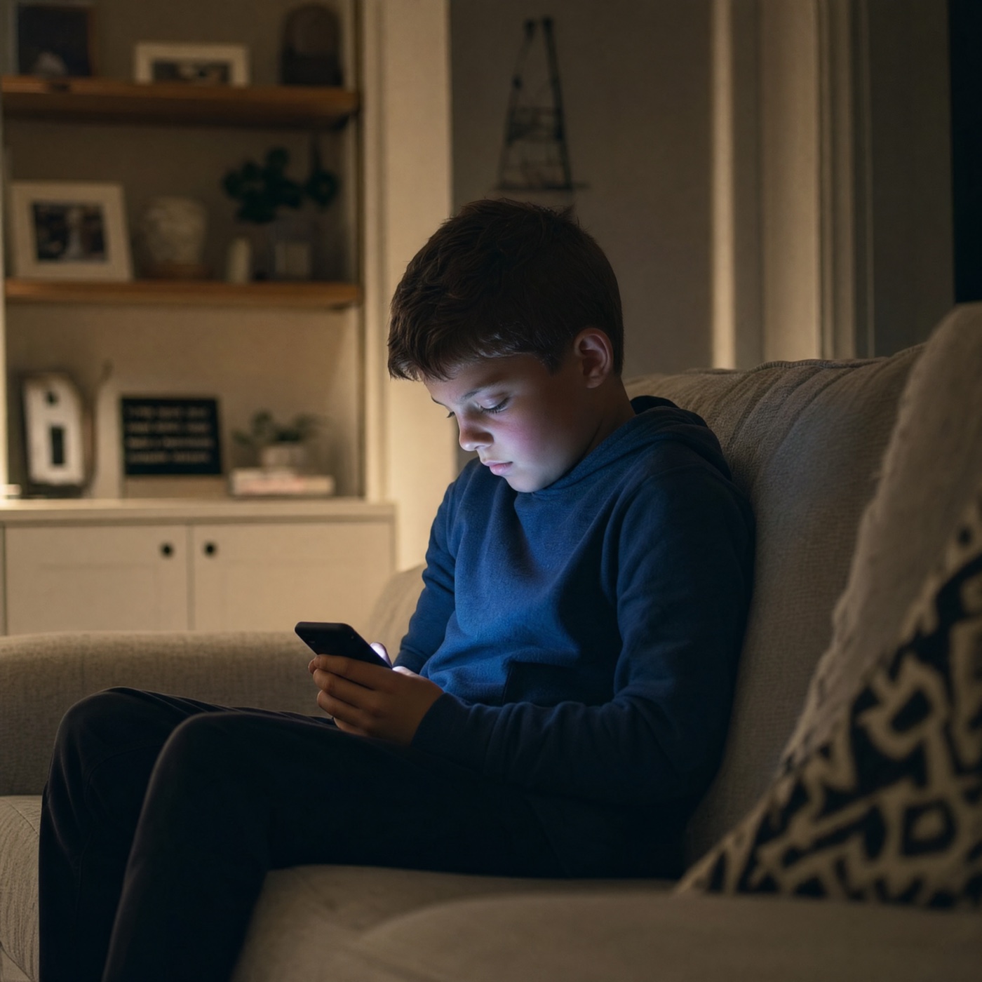 A teenager using a phone at home